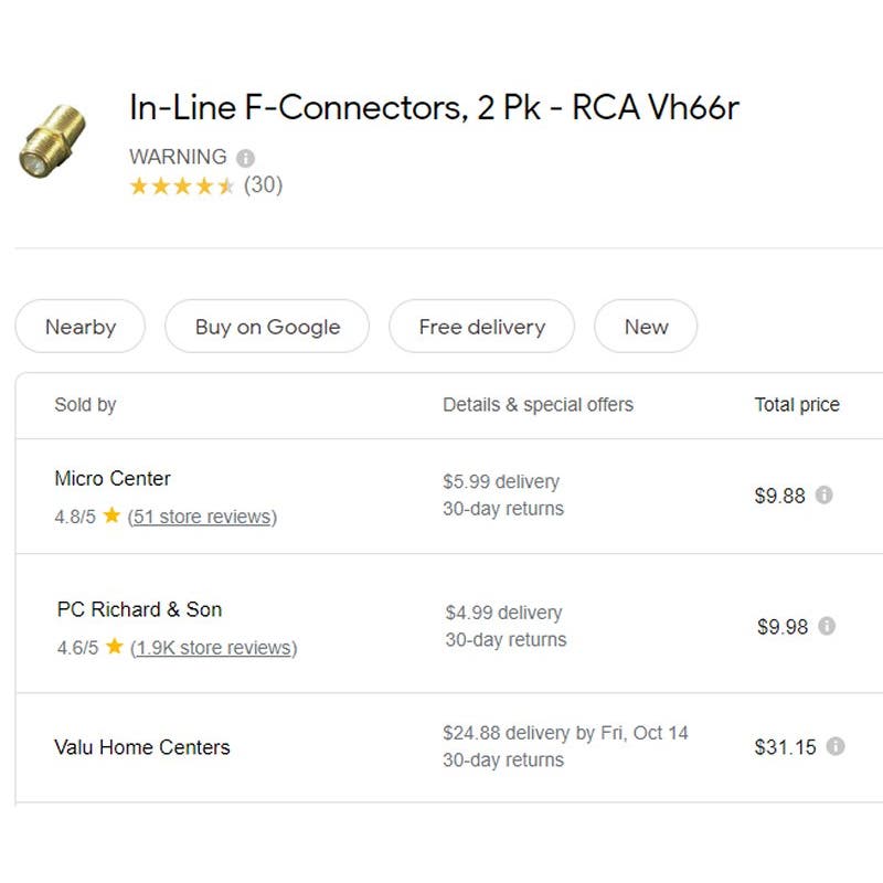 RCA 2-PK In-Line F-Connectors, VH66R Feed Thru Coaxial Cable Coupler - Free Ship