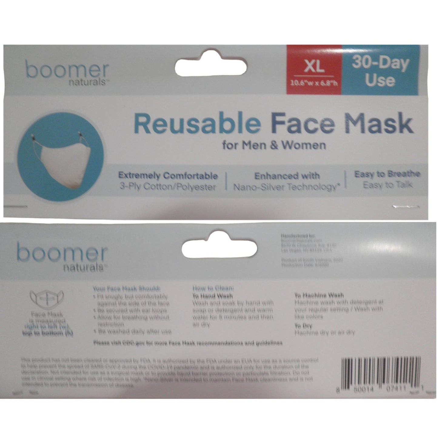 3 XL Boomer Naturals Silver Infused Cloth Face Masks -Navy Blue, Gray, Camo Blue