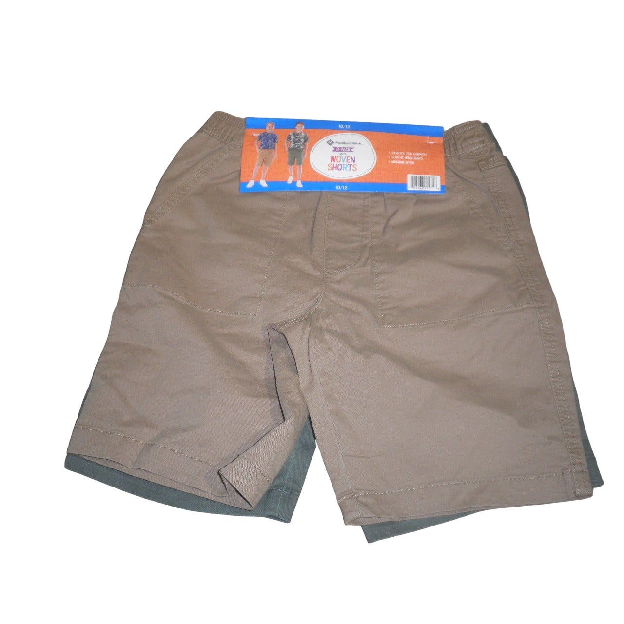 Boys 2-Pack Size 10/12 Woven Shorts Set, Green & Tan w/ Elastic Waist -Free Ship