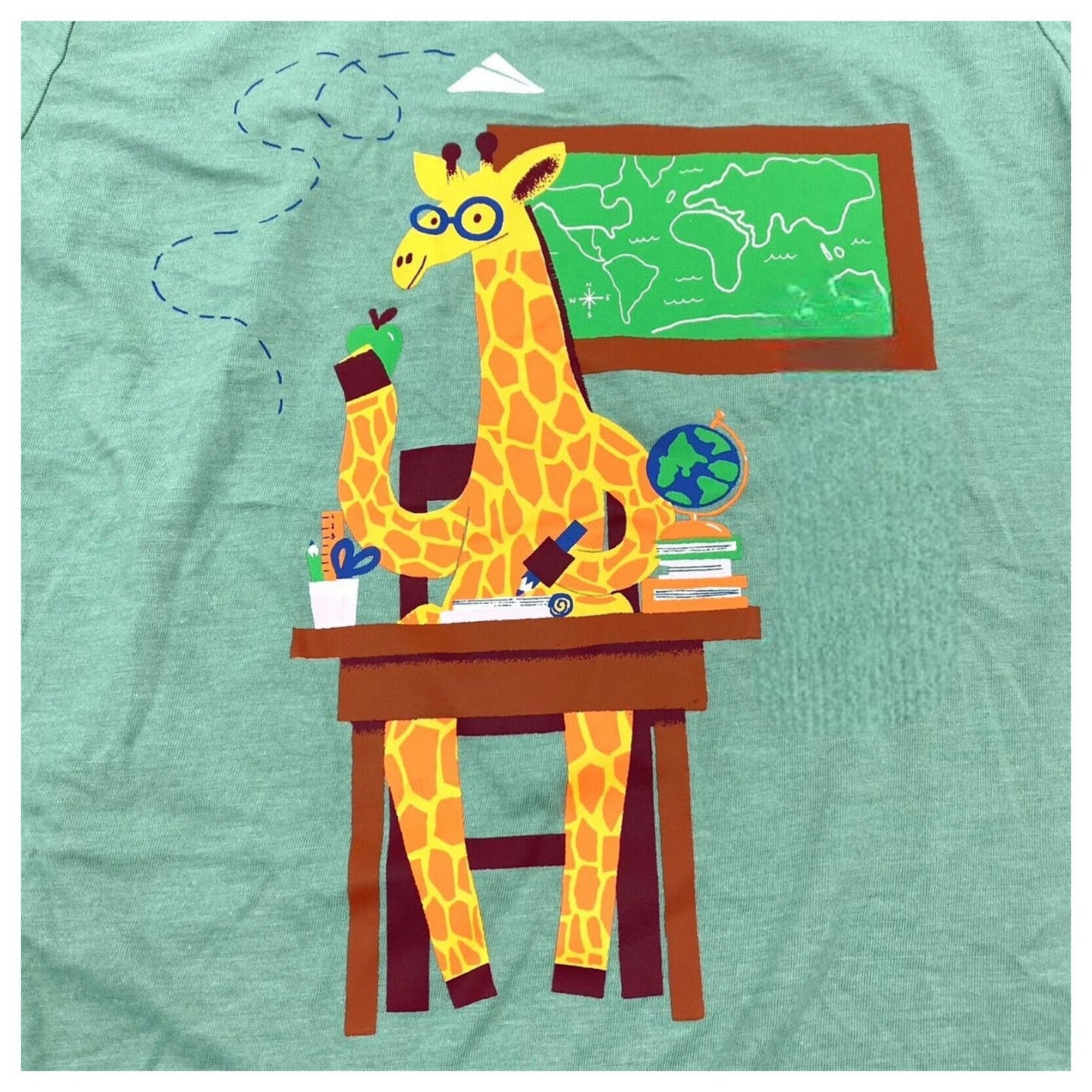 Boys S (6/7) 'Mr Giraffe School Desk' Short Sleeve Graphic T-Shirt -Ocean Green