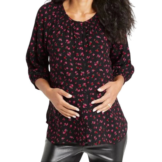 3/4 Sleeve Medium Smockneck Button-Down Maternity Shirt Black Floral Print