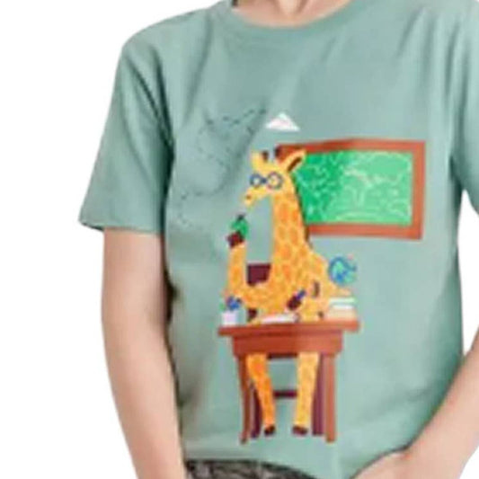 Boys S (6/7) 'Mr Giraffe School Desk' Short Sleeve Graphic T-Shirt -Ocean Green