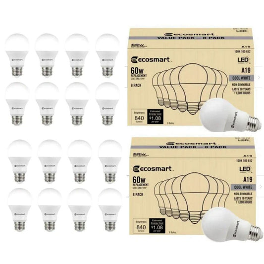 (16 PK) EcoSmart 9W 60W Equivalent Cool White A19 Non-Dimmable LED Light Bulbs