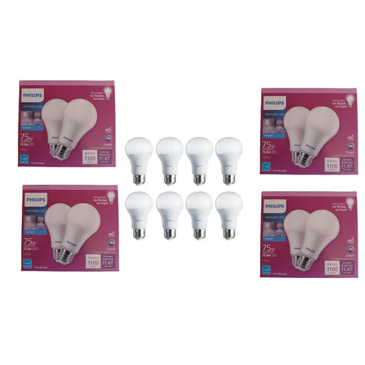 (8 PK) Philips 12.2W 75W A19 Dimmable LED Light Bulb Daylight (5000K) (8-Pack)