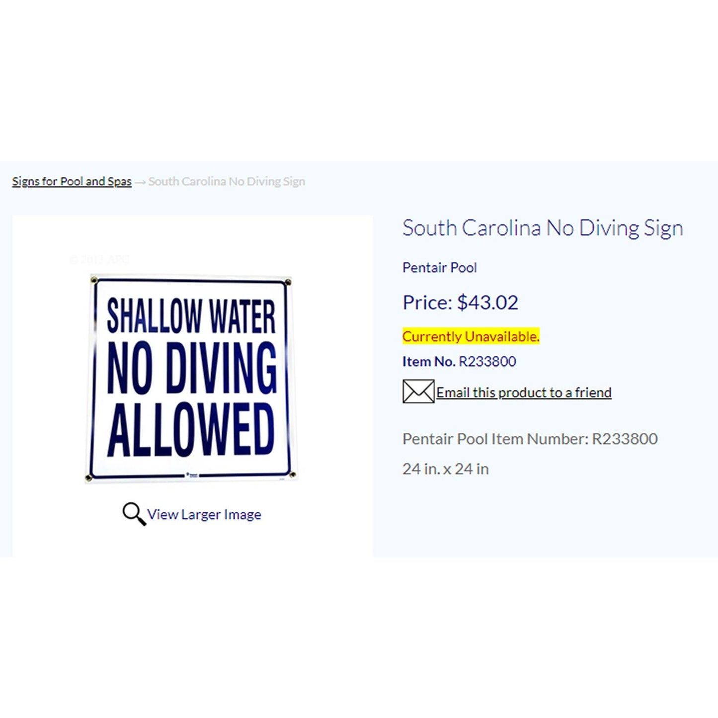 2 x 24"L x 24"W PVC Swim Safety Signage:  "SHALLOW WATER NO DIVING ALLOWED"