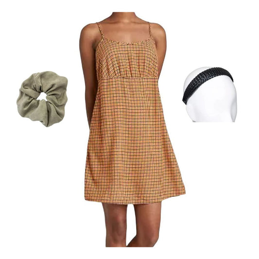 Med Brown Plaid Woven Slip-over Dress w/ Universal Threads Headband & Twister