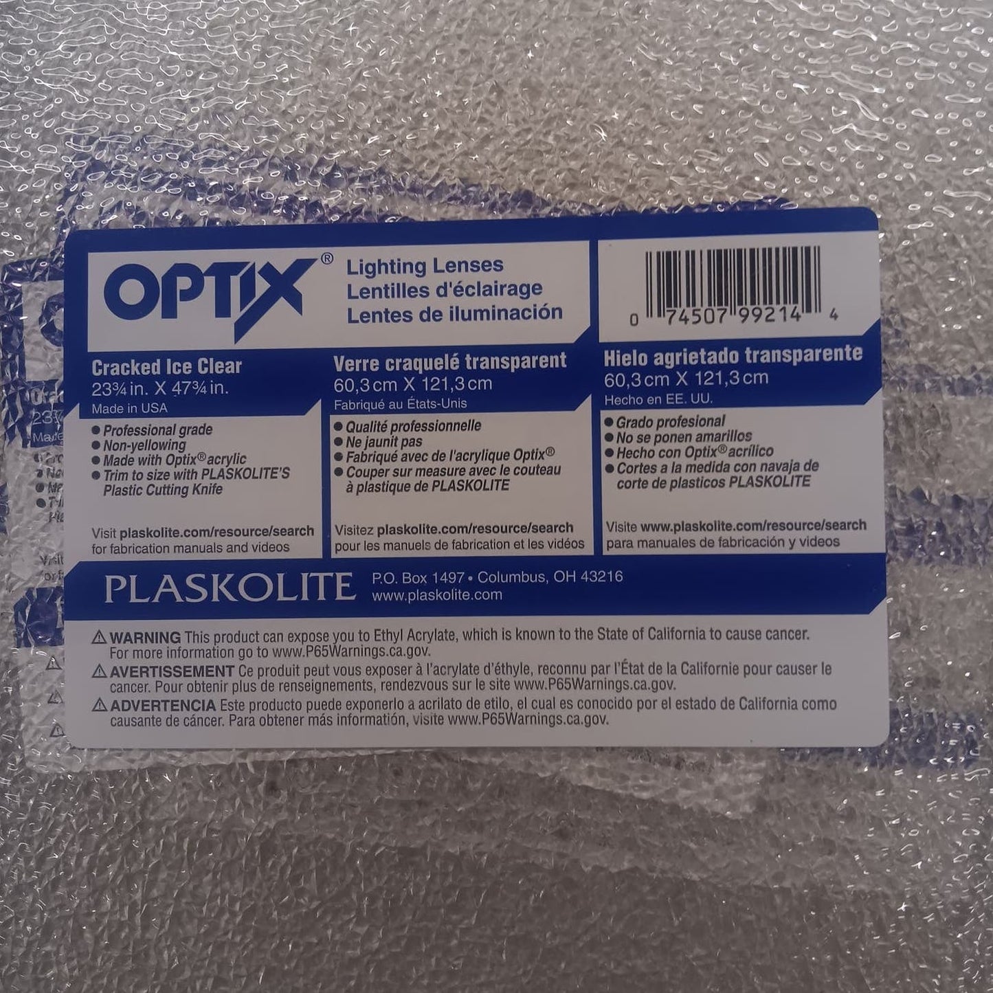 20-PK OPTIX 23.75" x 47.75" Acrylic Ceiling Light Diffusers, Cracked Ice Clear