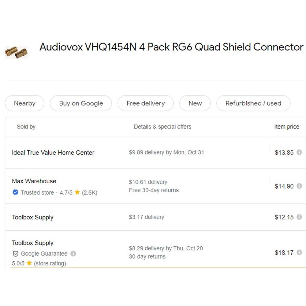 Audiovox RCA (4PK) Coax RG6 Quad Shield Crimp-On Connectors, VHQ145R - Free Shipping