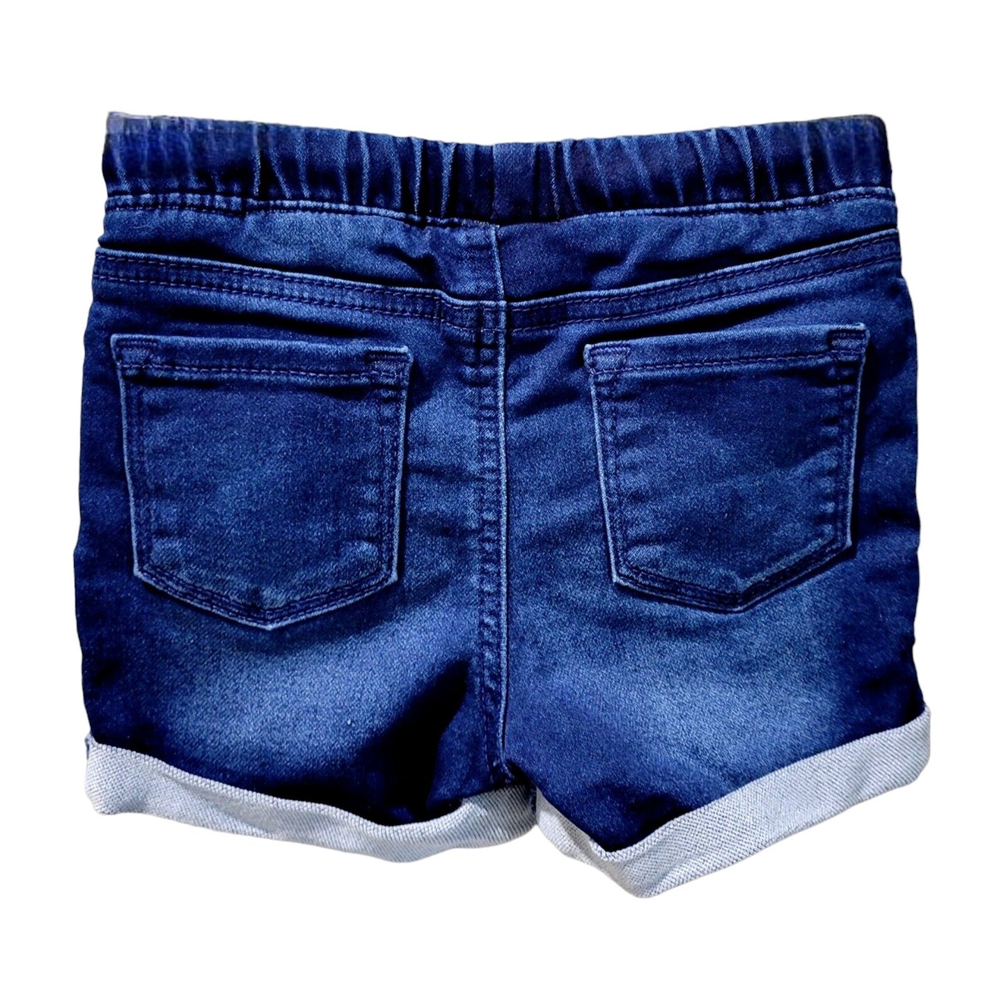 Toddler Girls' Pull-On Jean Shorts, 3T Dark Blue, Rolled Hem, & Drawstring