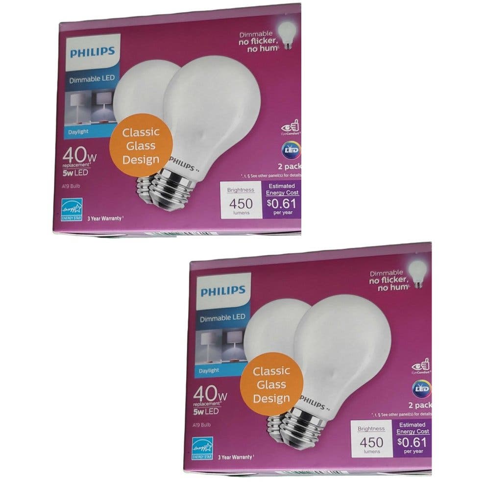 (4-Pk) Philips 40W Eq A19 Dimmable LED Light Bulb Frosted Glass Daylight (5000K)