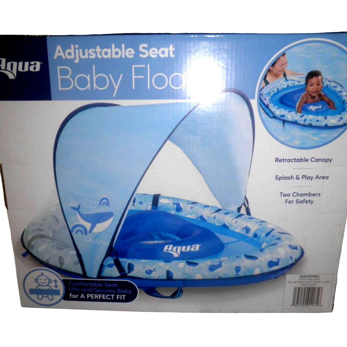 Aqua Leisure Adjustable Seat Baby Pool Float w/ Retractable Canopy, Whales- Free Shipping!