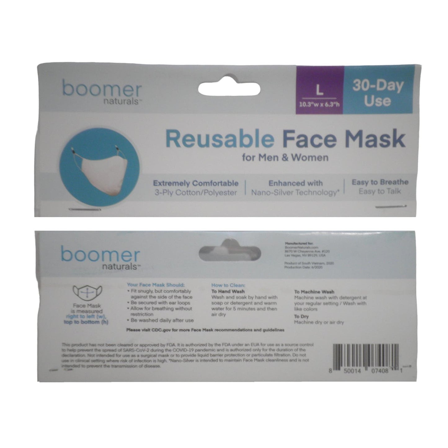 3 LG Boomer Naturals Silver Infused Cloth Face Masks -Black (2) & Red / Blue (1)