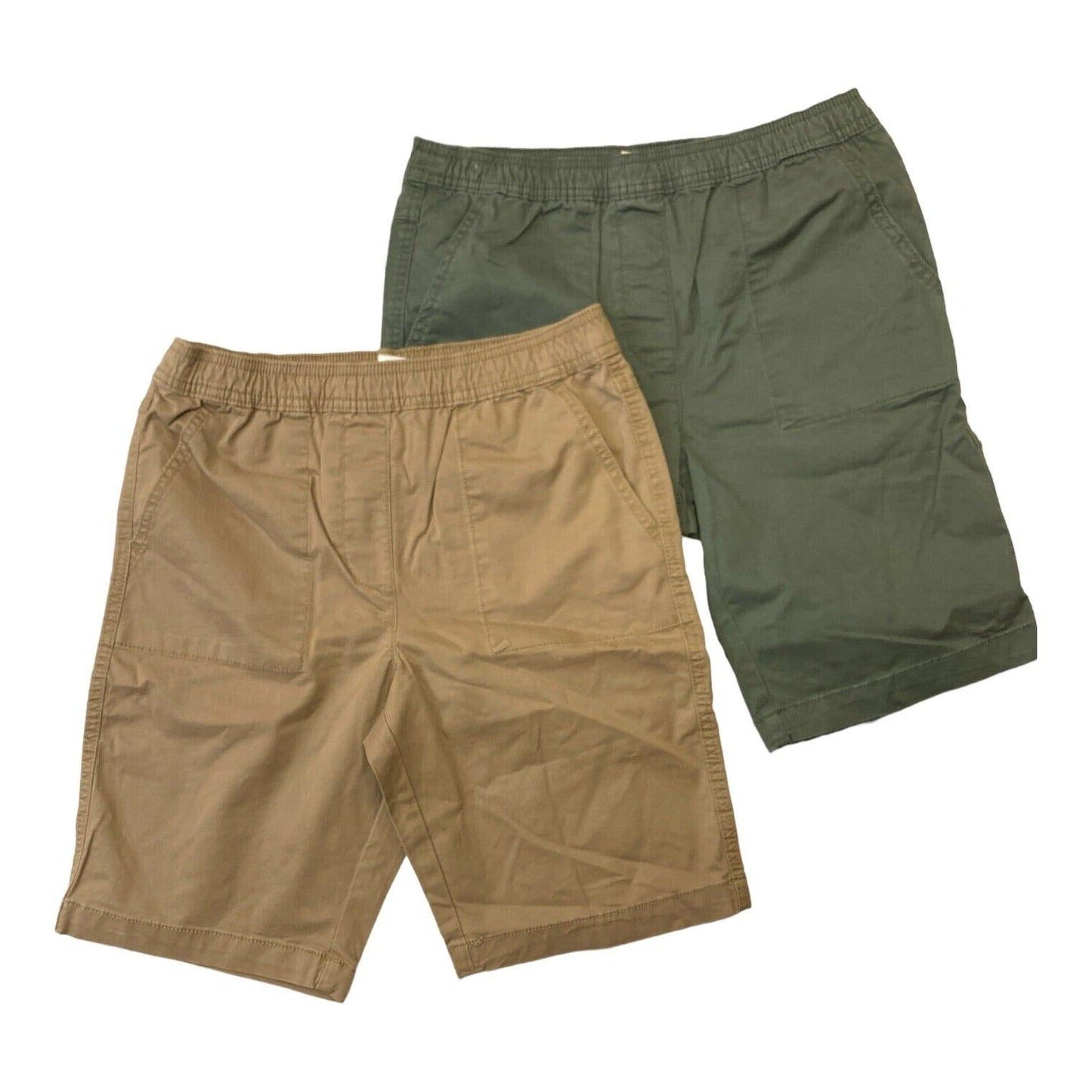 Boys 2-Pack Size 10/12 Woven Shorts Set, Green & Tan w/ Elastic Waist -Free Ship