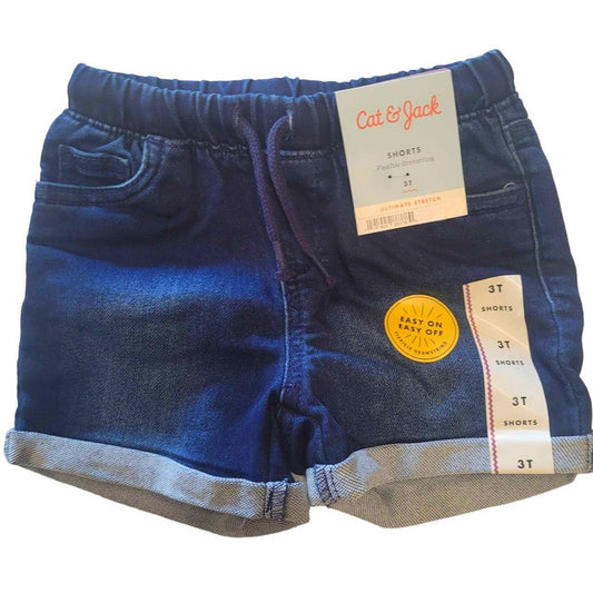 Toddler Girls' Pull-On Jean Shorts, 3T Dark Blue, Rolled Hem, & Drawstring