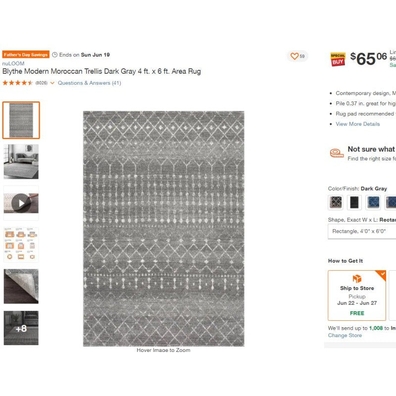 nuLOOM Turkish Blythe Moroccan Trellis Rug 4'x6' Dark Gray - Local Pickup Only