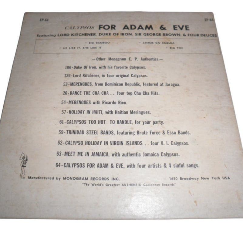 Rare 45 EP Vinyl- Calypsos for ADAM and EVE, EP64, Monogram Records, Reggae