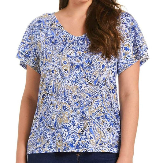 Perry Ellis, Rafaella Sportswear, V-Neck Paisley Blouse, Amparo Blue, X-Large