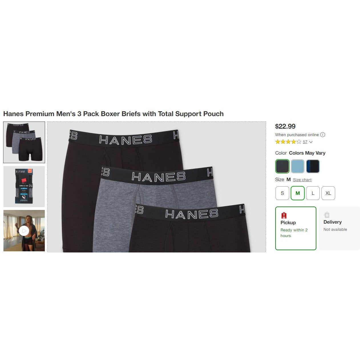 Hanes Premium MED Men's 3 Pack Boxer Briefs w/ Total Support Pouch, BLK/GRAY