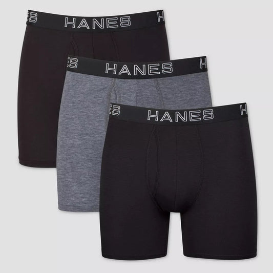 Hanes Premium MED Men's 3 Pack Boxer Briefs w/ Total Support Pouch, BLK/GRAY