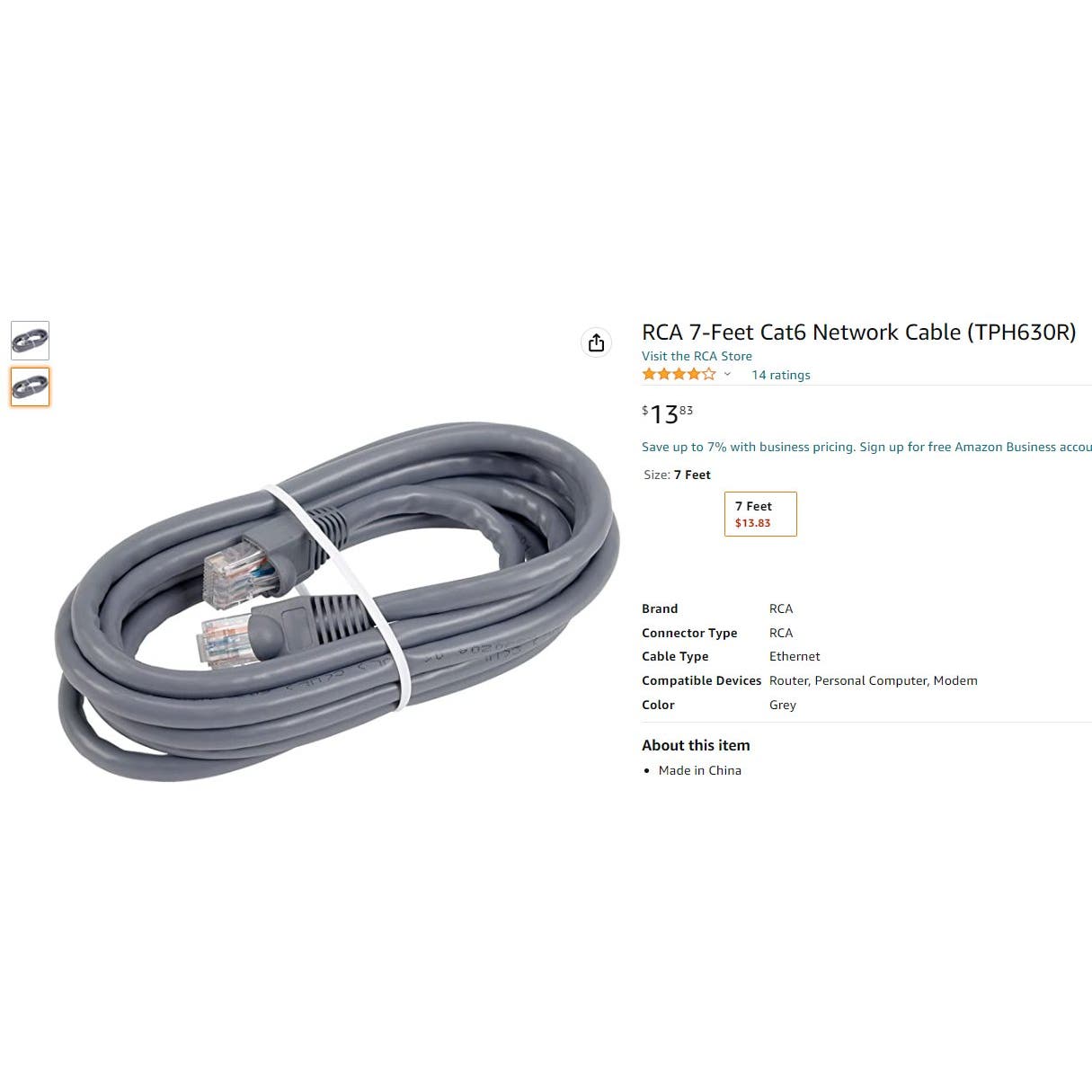 RCA 7-Feet Cat6 Network Cable 250 Mhz, CAT5e Compatible (TPH630R) - Free Ship