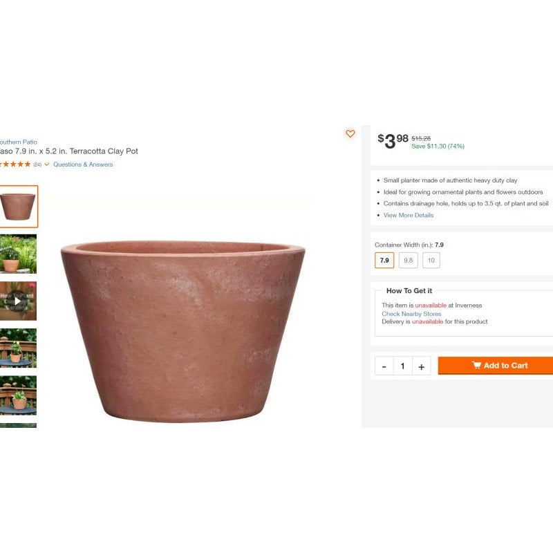 7.9 in. x 5.2 in. Terracotta Clay Pots (Case of 2) Southern Patio - Free Ship or [Local Pickup $5 per Case of 2 Pots]