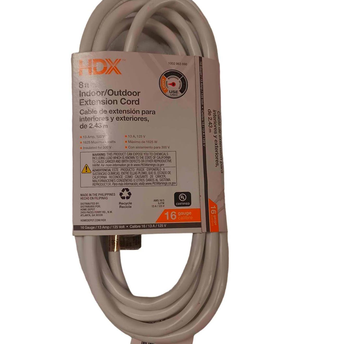 HDX 8 ft. 16 Gauge 13A Light Duty Indoor/Outdoor Extension Cord, White