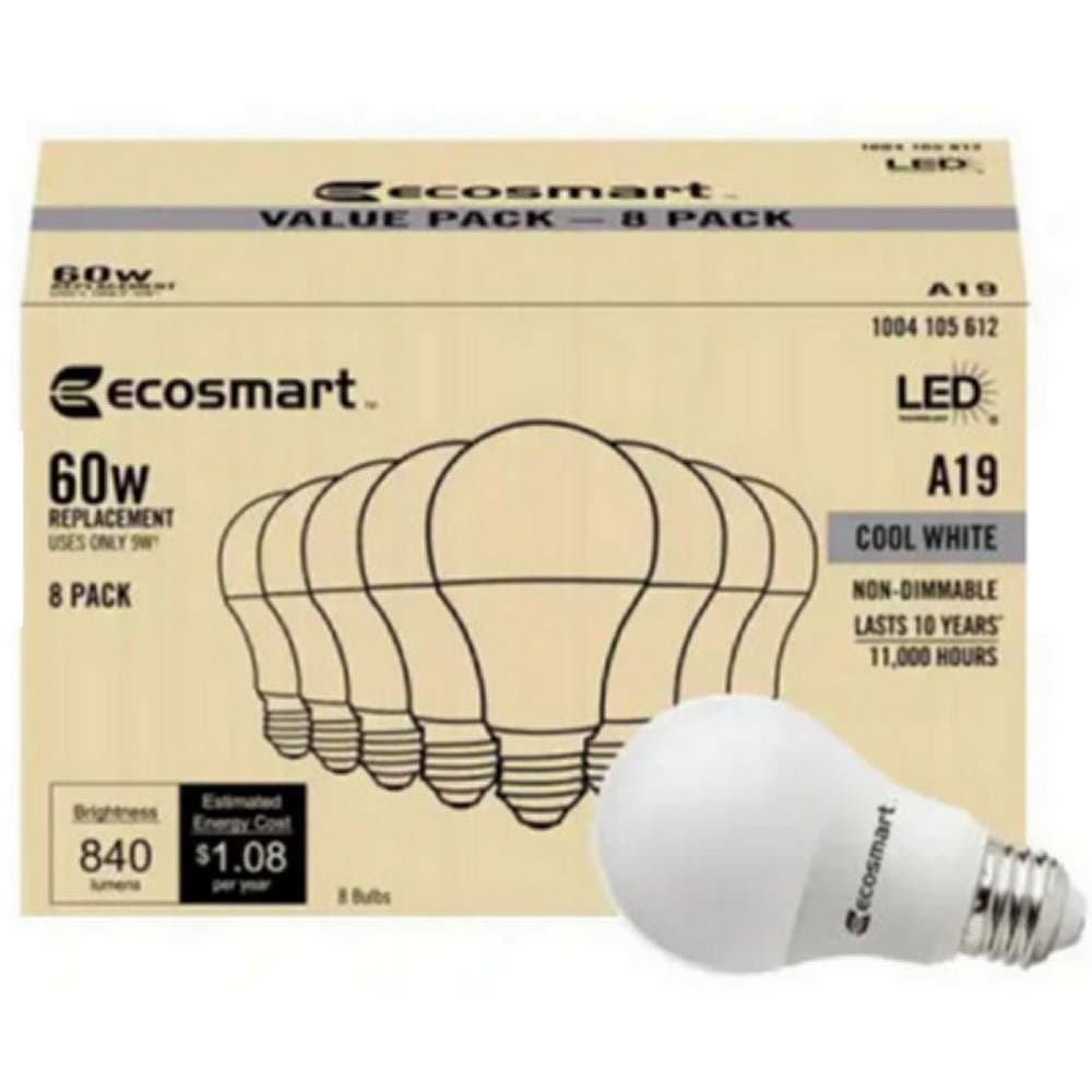 (16 PK) EcoSmart 9W 60W Equivalent Cool White A19 Non-Dimmable LED Light Bulbs