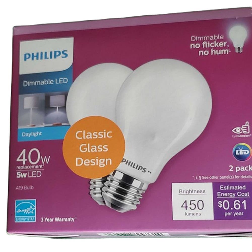 (4-Pk) Philips 40W Eq A19 Dimmable LED Light Bulb Frosted Glass Daylight (5000K)