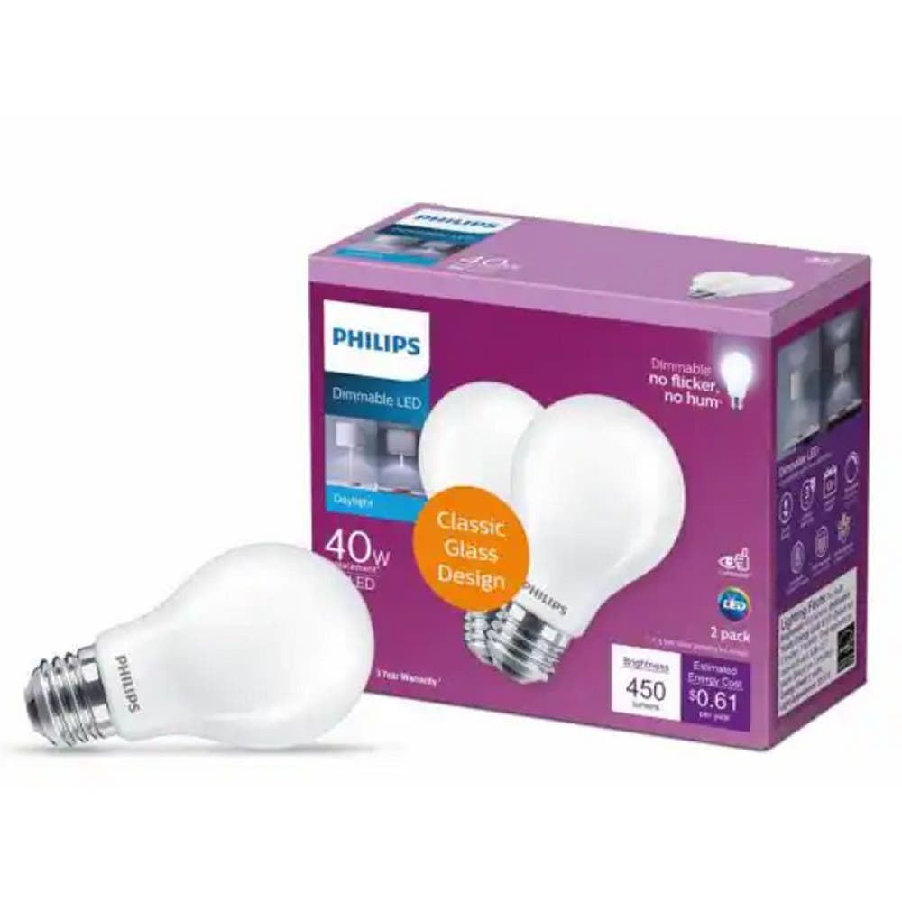 (4-Pk) Philips 40W Eq A19 Dimmable LED Light Bulb Frosted Glass Daylight (5000K)