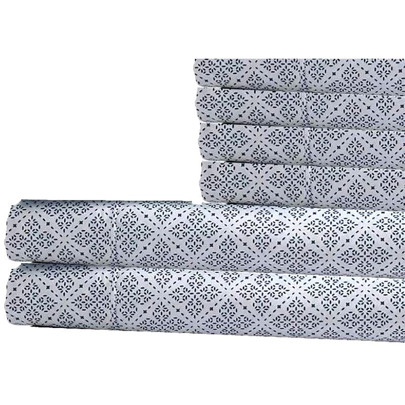 6-PC KING Microfiber Blue Danca Geo Sheet Set  1 Fitted & Flat & 4 Pillow Cases